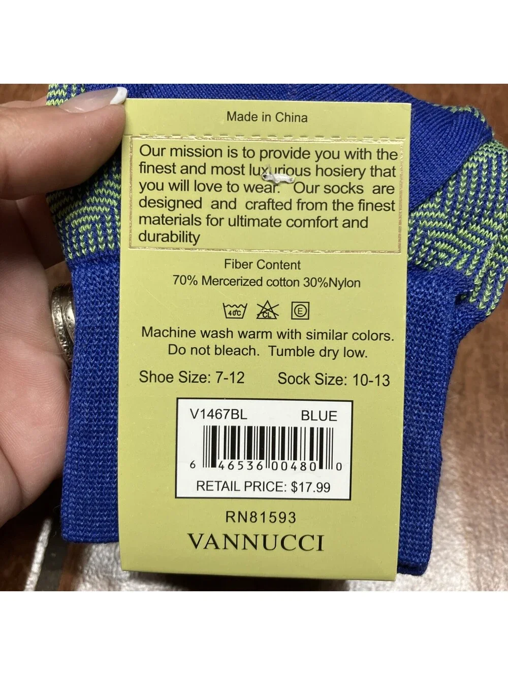 Vannucci Designer Dress Socks Mens 10-13 Blue/green Fits Shoe Size 7-12